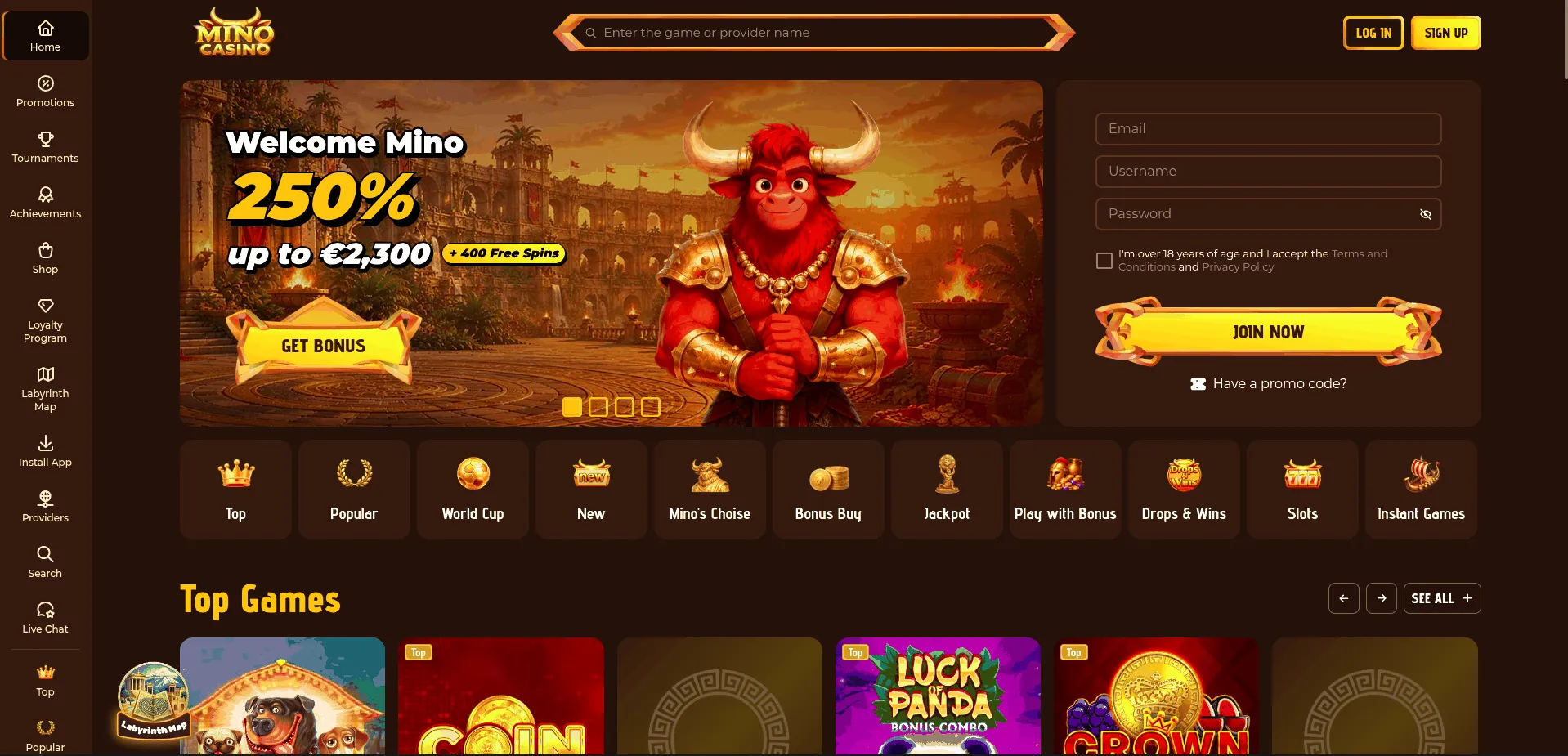Mino Casino Main page