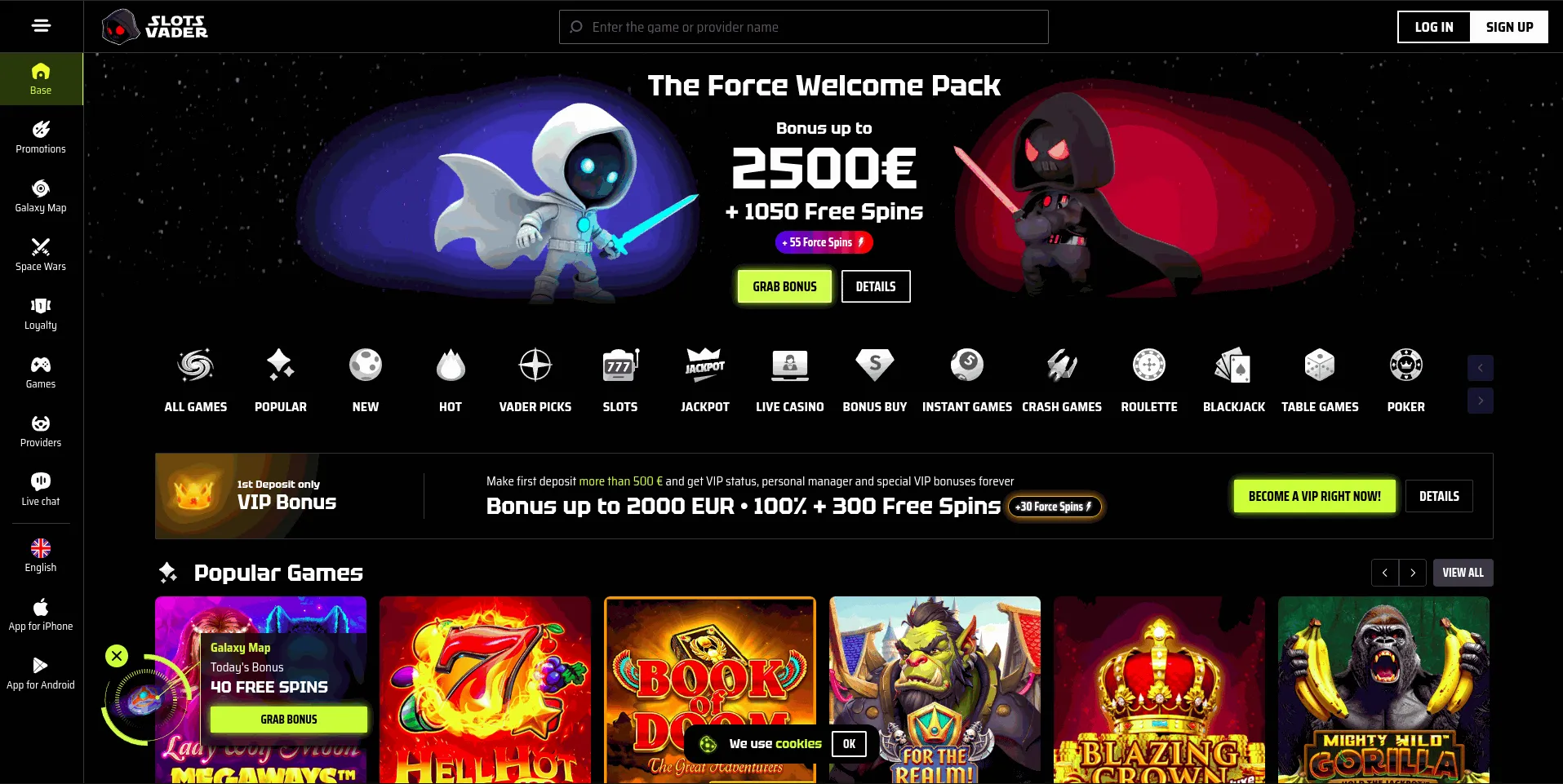 SlotsVader Casino Main page