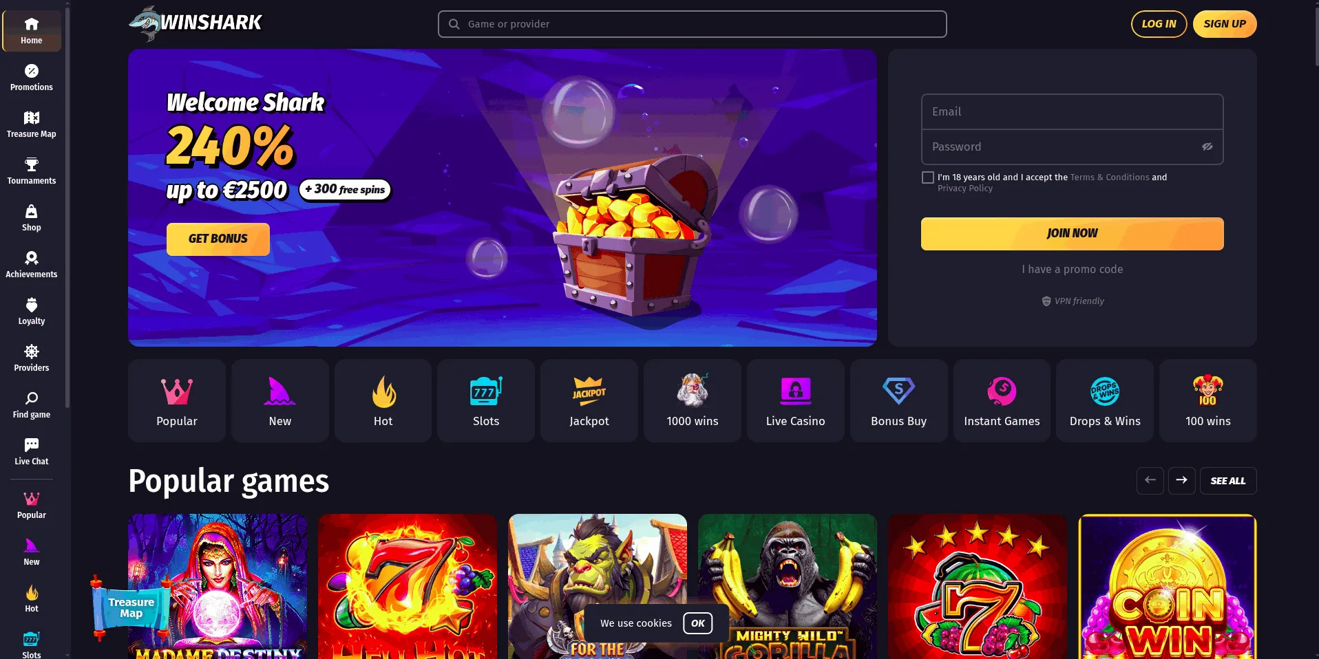 Winshark Casino Main page